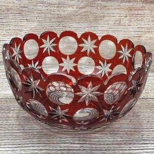 Ruby Red Cut 24% Crystal Bowl Scalloped Edge Starburst Design Home Decor Hungary